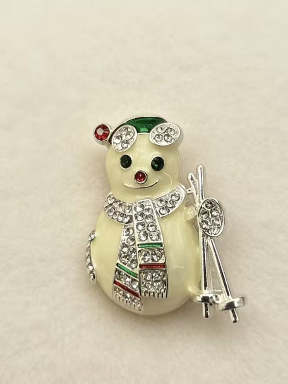 Exquisite Seasonal Yule Holiday Skiing Snowman w Rhinestones Christmas Brooch